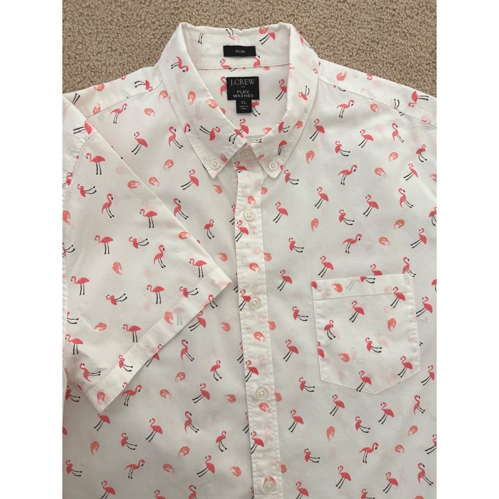 J.Crew Mens Button Down Shirt Slim XL White Flamingo Shrimp Print Short Sleeve